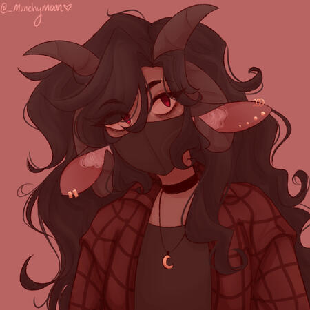 a visual of my persona that I use to represent myself online! the character wears a dark mask with equally dark curly hair. Their sharp red eyes are looking to the top right and they are wearing a red flannel and a dark tanktop.